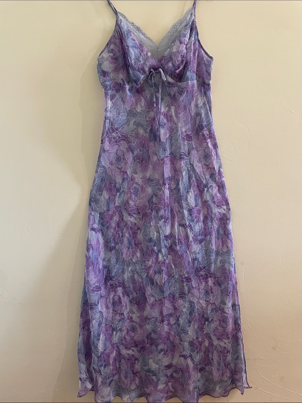 Vintage Maidenform sheer Lavender Floral Slip Dress with Lace Trim L